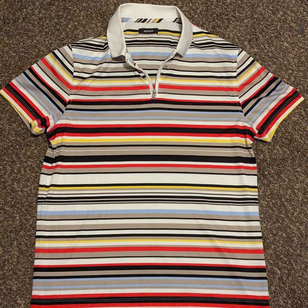 Alfani Men's Quarter Zip Polo Short Sleeve Multicolor Striped Stretch Size Large
